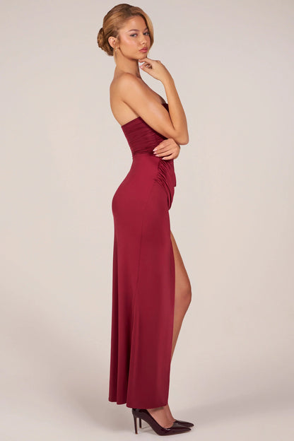 Bandeau Draped Thigh-High Maxi Dress in Cherry Red