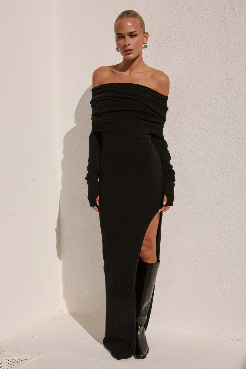 BARLY OFF SHOULDER KNIT MAXI DRESS - BLACK