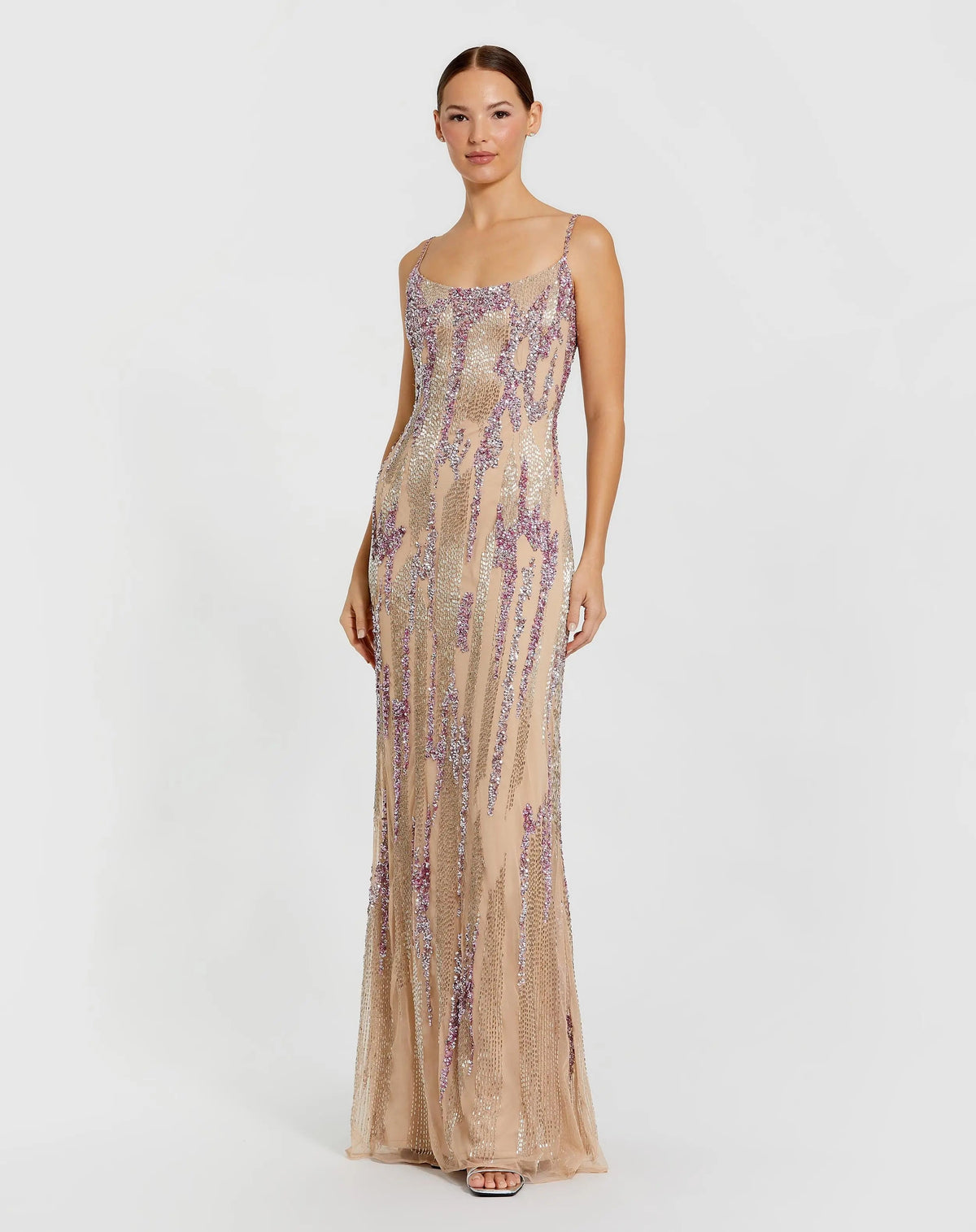 Beige Spaghetti Strap Beaded Column Gown