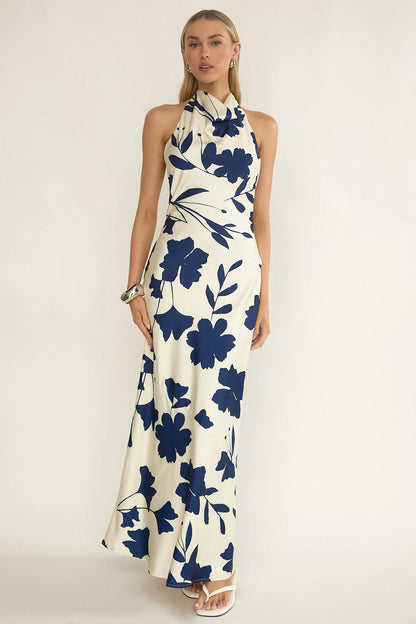 Elowis Cowl Halterneck Maxi Dress Floral Beige