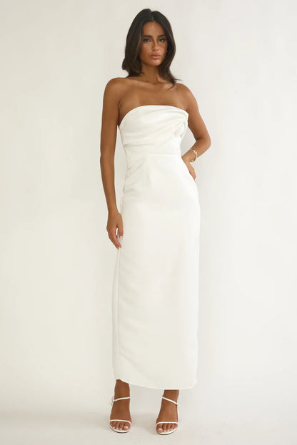Fleur Sky Strapless Pleat Bust Maxi Dress White