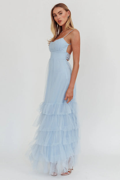 Nerida Twist Back Frill Trim Mesh Maxi Dress Steel Blue