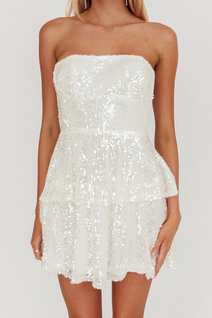 Provence Bloom Tiered Sequin Mini Dress White