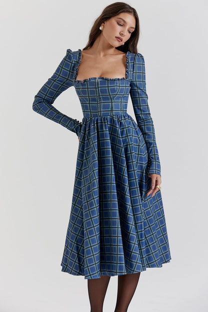 blue tartan midi dress