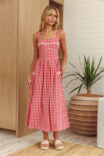 Elderflower Front Pocket Maxi Dress Gingham Red