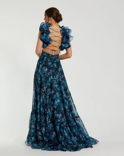 Navy Tiered Floral Cut-Out Chiffon Gown