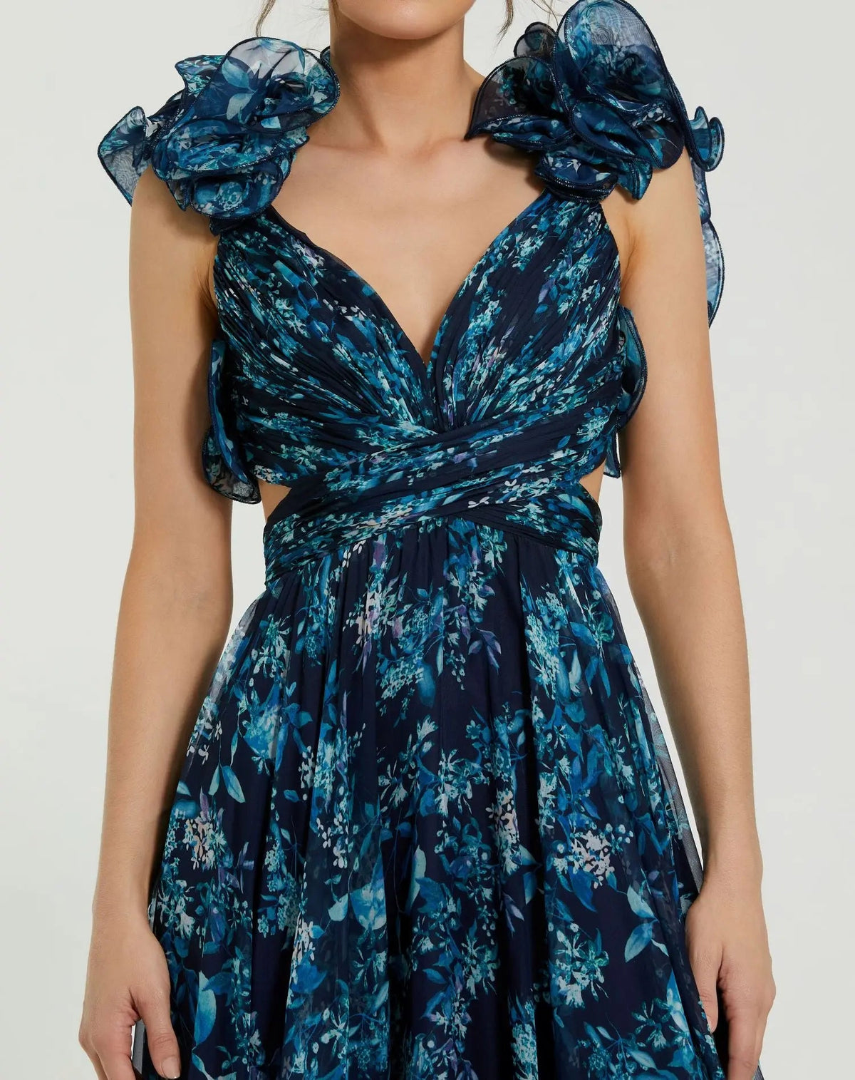 Navy Tiered Floral Cut-Out Chiffon Gown