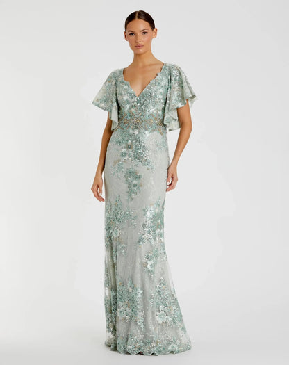 Bell Sleeve Floral Embellished Gown