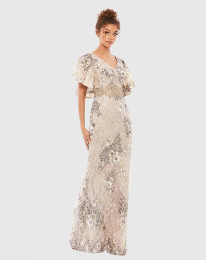 Bell Sleeve Floral Embellished Gown