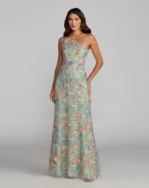 Green One Shoulder Floral Embroidered Gown