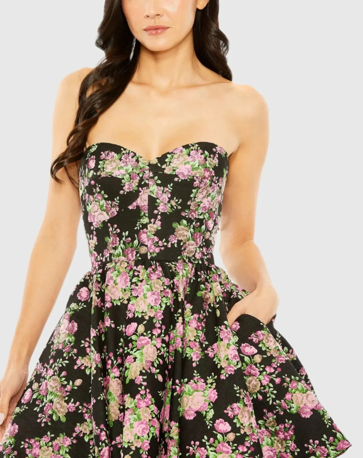 Black Strapless Brocade Mini Dress