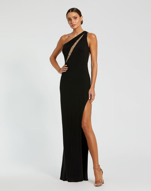 Black One Shoulder Gown with Sheer Embellished Cut Out