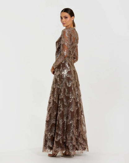 Brown Embellished Long Sleeve High Neck Evening Gown