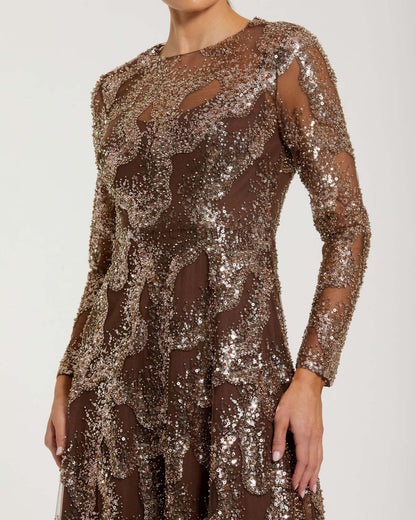 Brown Embellished Long Sleeve High Neck Evening Gown