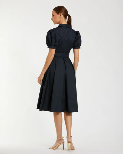 Navy Puff Sleeve Belted Midi Shirt Dress