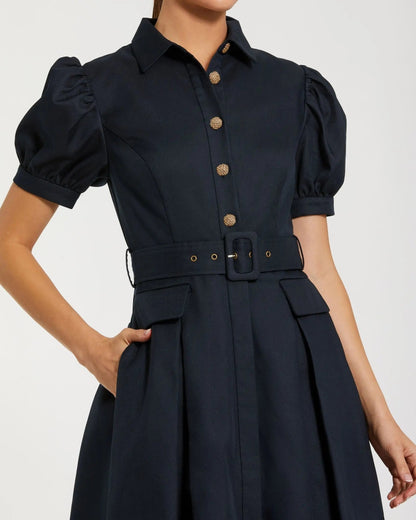 Navy Puff Sleeve Belted Midi Shirt Dress