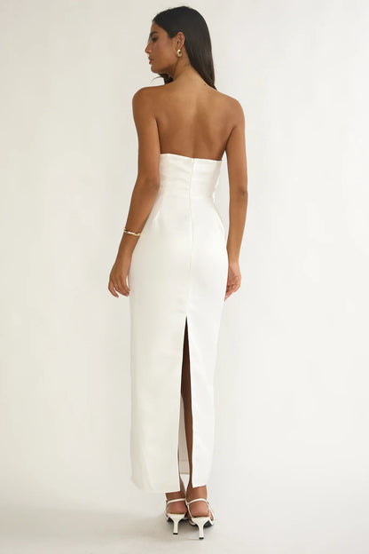 Fleur Sky Strapless Pleat Bust Maxi Dress White