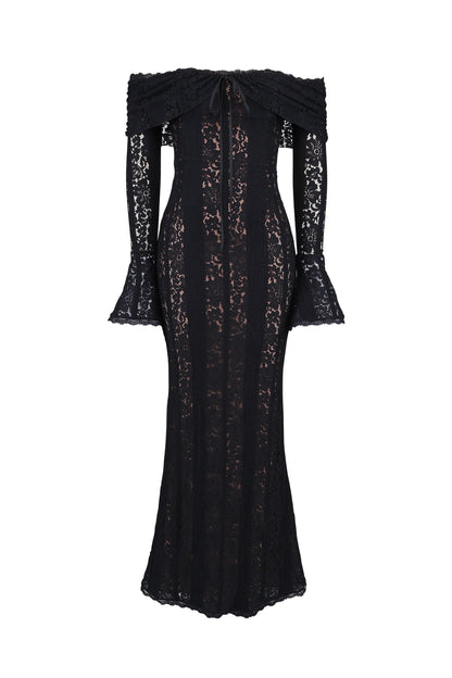 black off shoulder floral lace maxi dress