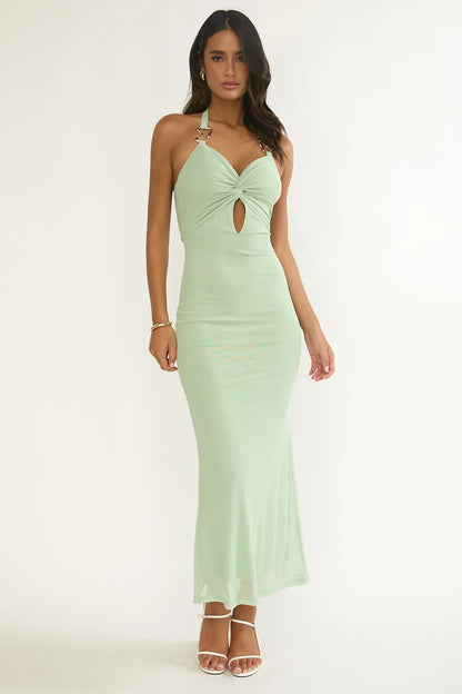 Yavira Twist Bodice Mesh Maxi Dress Sage