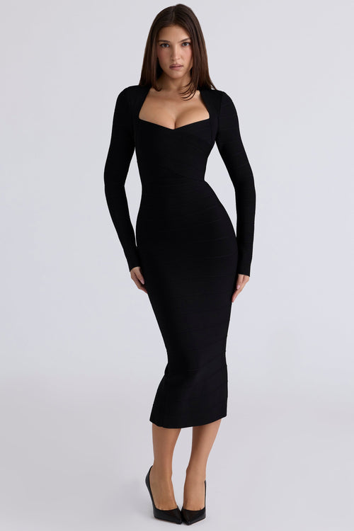 black long sleeve bandage midi dress