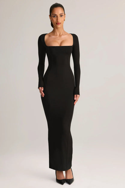 Modal Square-Neck Bodycon Maxi Dress in Black