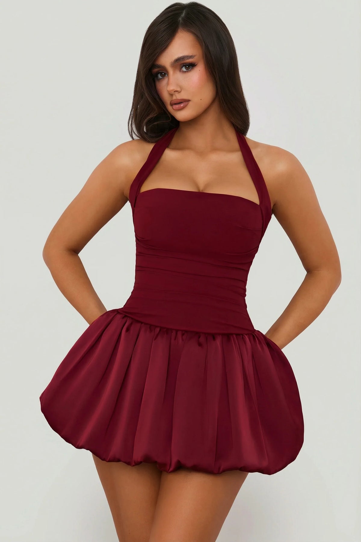Halterneck Lace-Up Bubble Hem Corset Micro Mini Dress in Berry Red