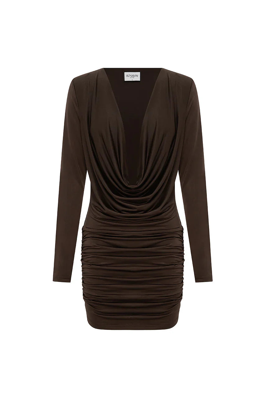 TATE SLEEVED COWL MINI DRESS - BITTER CHOCOLATE