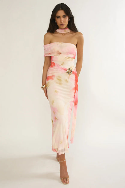 Carrisa One-Sleeve Maxi Dress Floral Pink