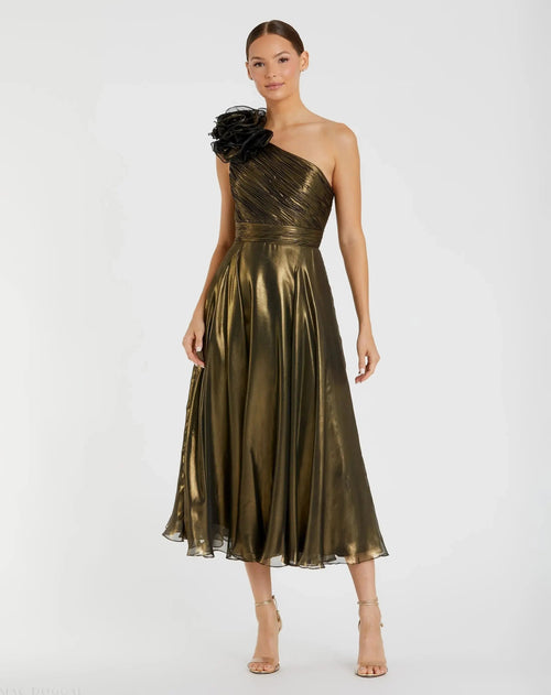 Gold Rosette One Shoulder Tea Length Dress