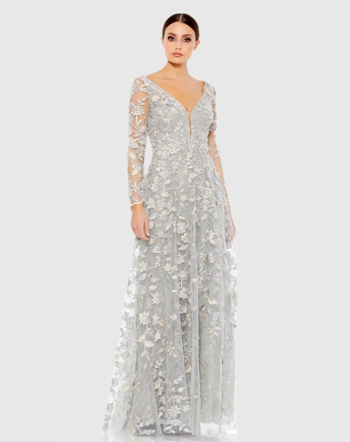 Gray Floral Applique Long Sleeve Illusion Gown