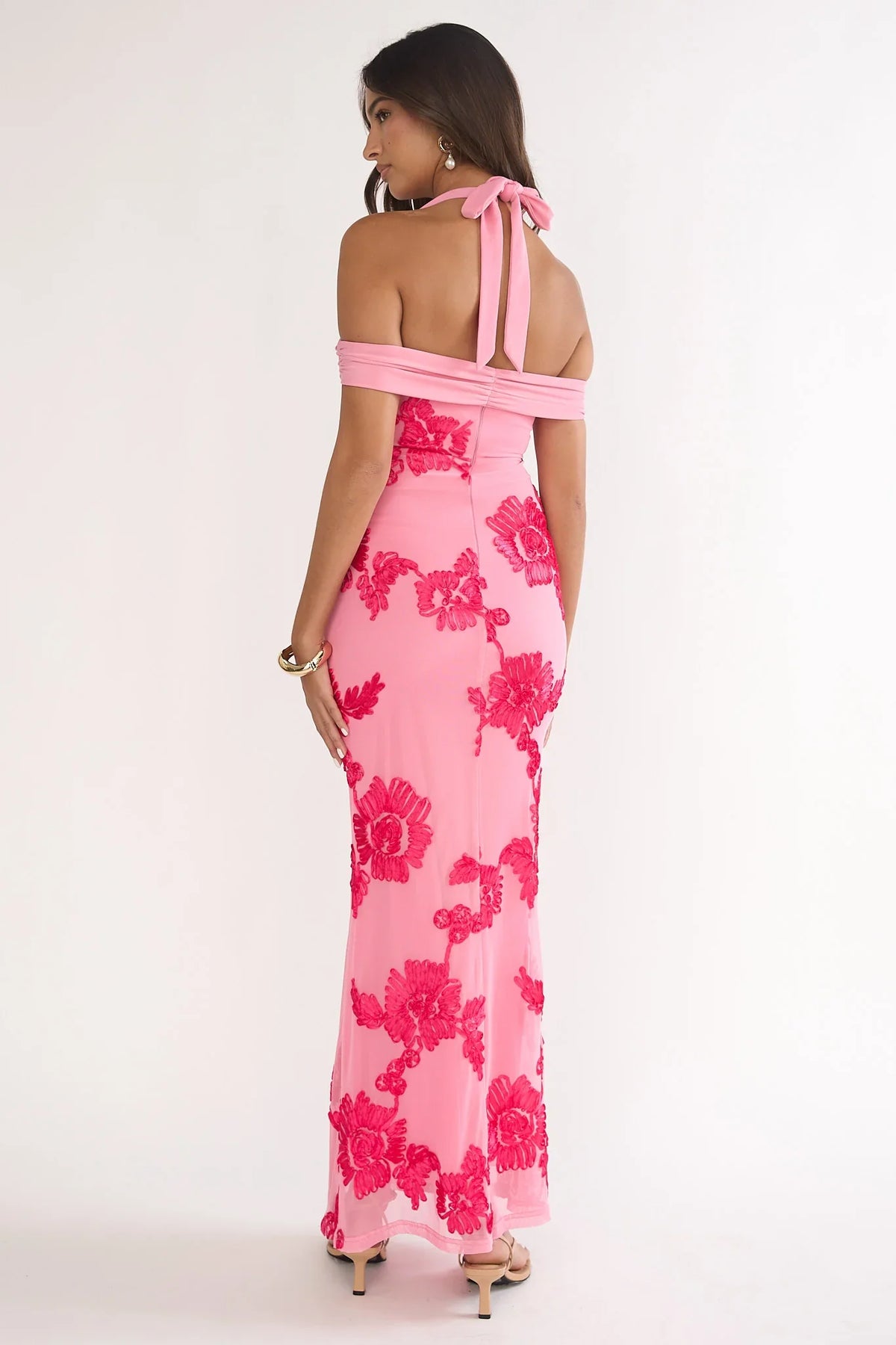Fleurie Halter Off-Shoulder Maxi Dress Embellished Pink