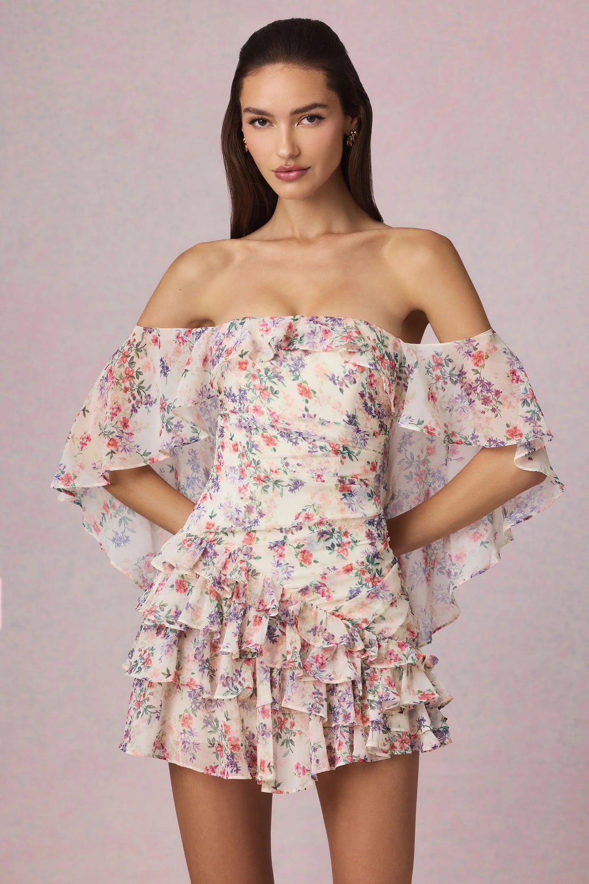 Off-Shoulder Ruffled Mini Dress in Primrose Floral Print
