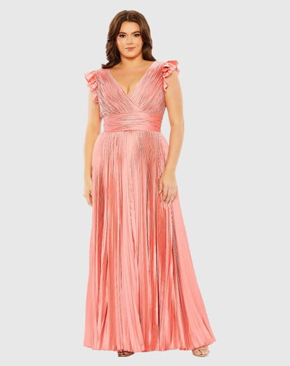 Flutter Sleeve Pleated V-Neck Gown (Plus)