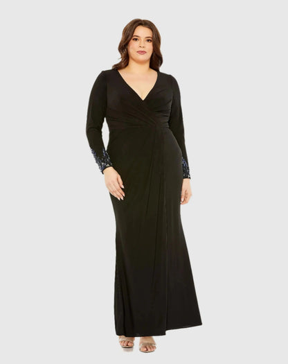Black Long Crystal Detail Sleeve V Neck Gown