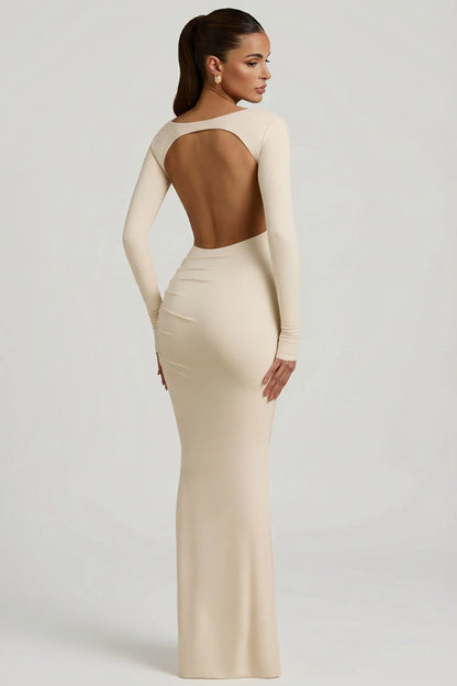 Modal Ruched Backless Maxi Dress in Ivory