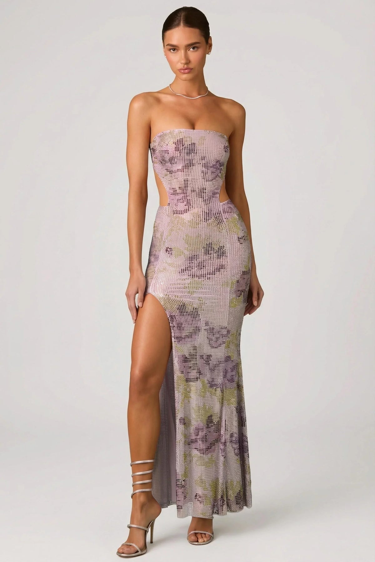 Embellished Cut-Out Fishtail Maxi Dress in Lilac