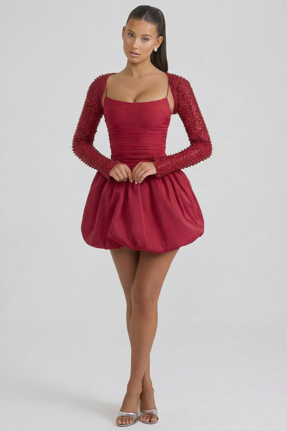 Embellished Bubble Hem Mini Dress in Red
