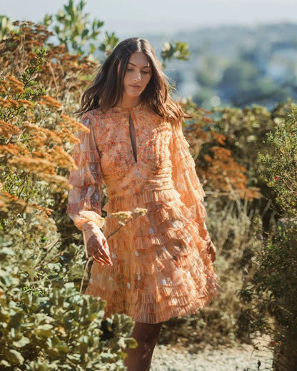 Orange Key Hole Detail Long Sleeve Dress