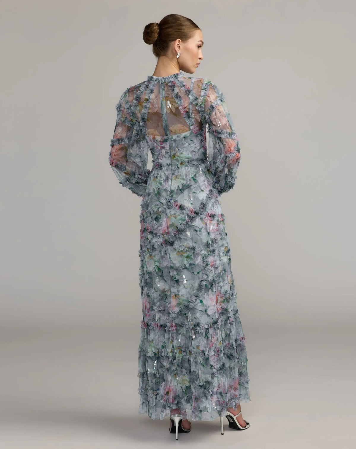 Blue Floral Long Sleeve High Neck Ruffle Maxi Dress