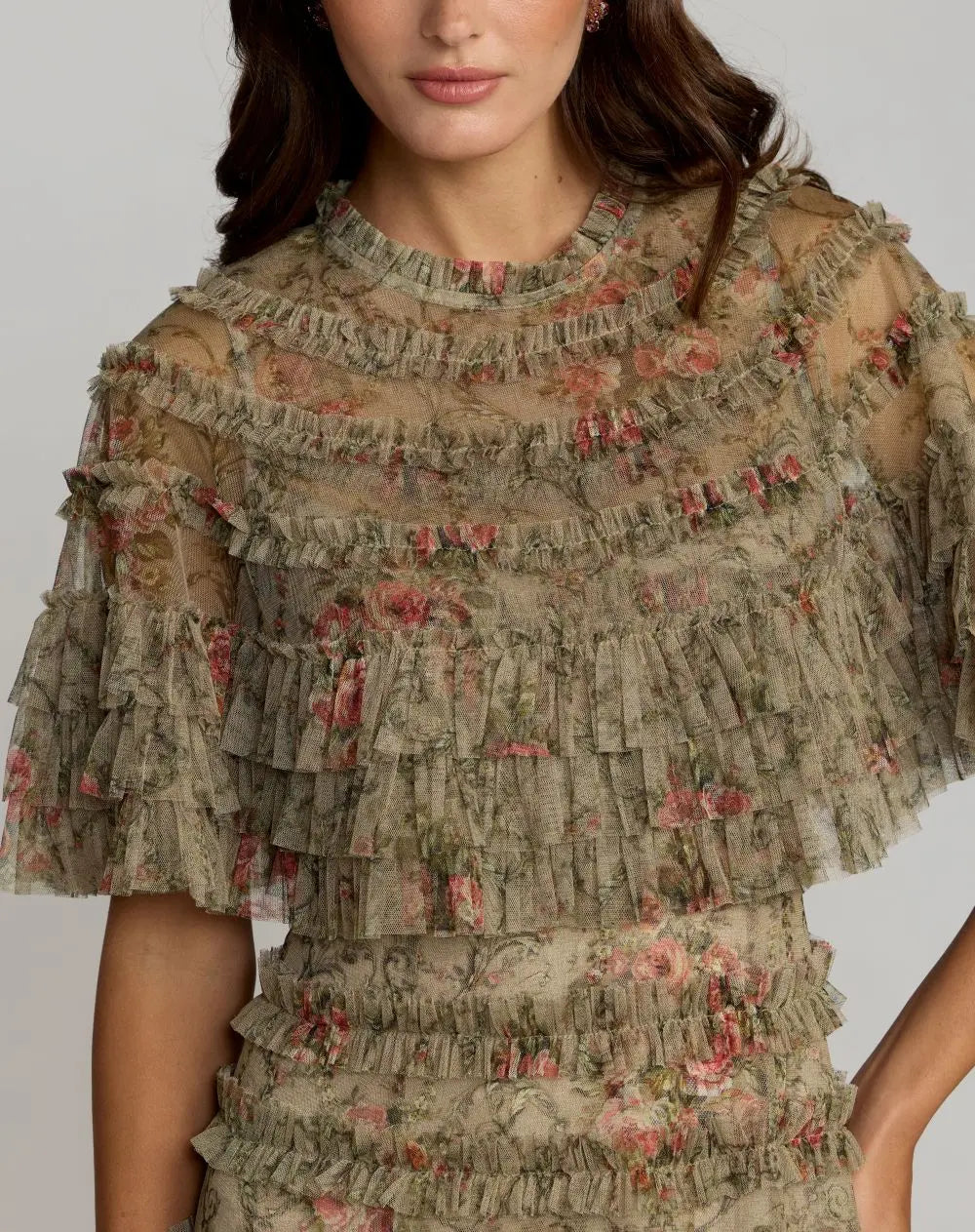 Green Floral Ruffle Midi Dress With Cape