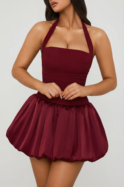 Halterneck Lace-Up Bubble Hem Corset Micro Mini Dress in Berry Red