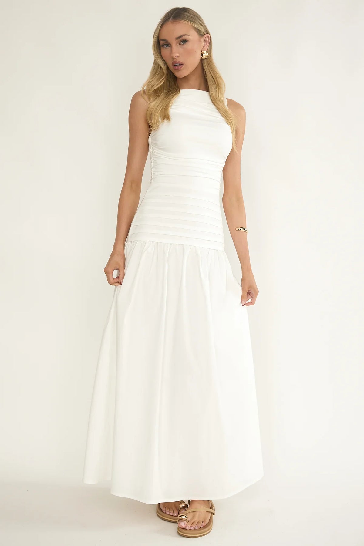 Dalayla Sleeveless Pintuck Maxi Dress White