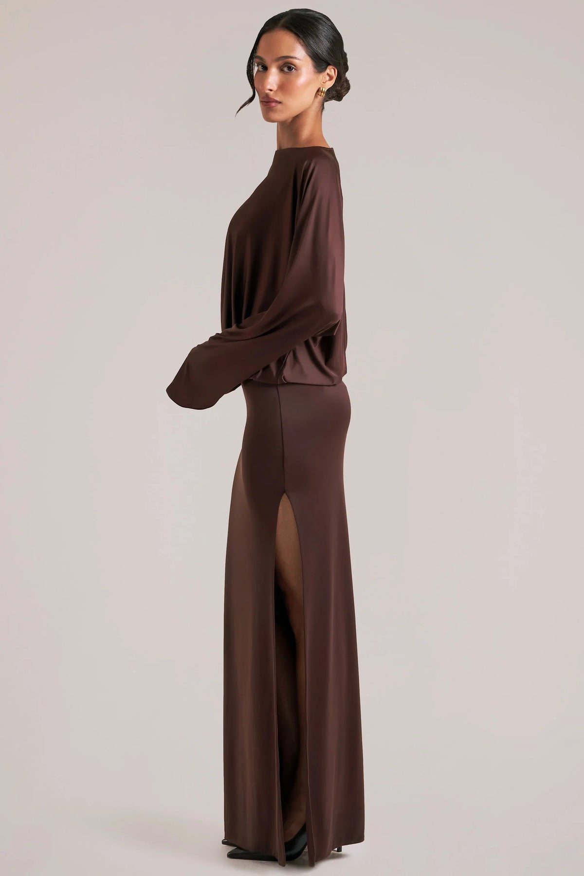 Long-Sleeve Draped Maxi Dress in Chocolate Brown