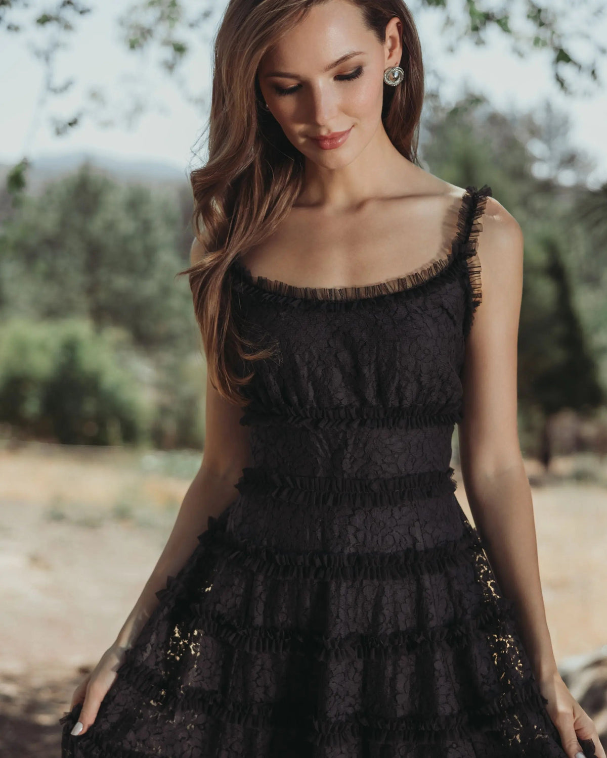 Black Sleeveless Lace A Line Midi Dress With Ruffles