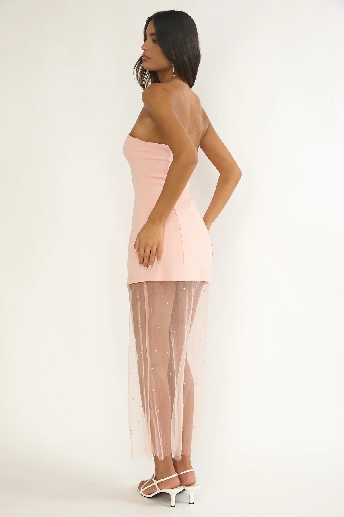 Coralie Sheer Pearl Hem Maxi Dress Peach