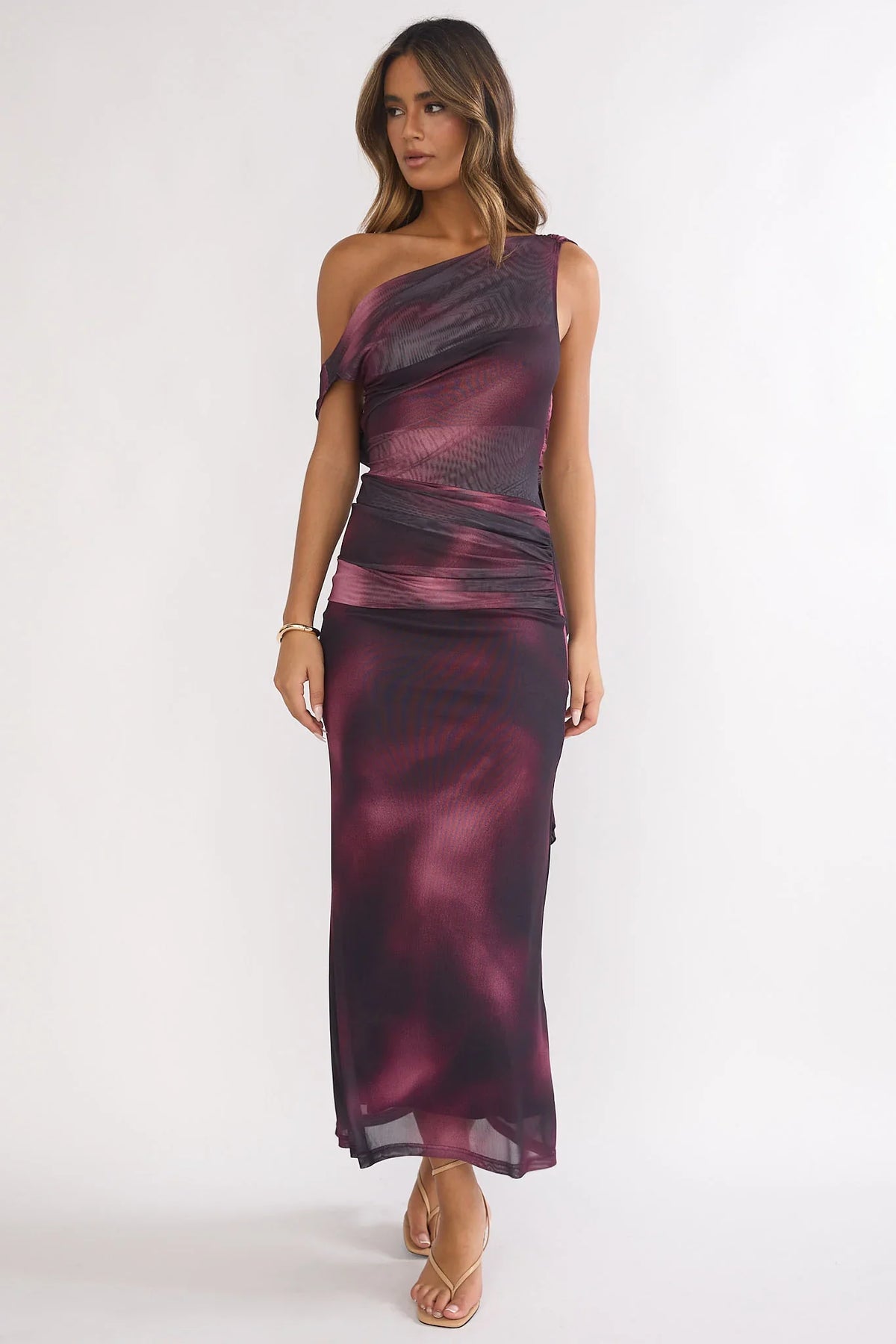 Saffra Shoulder Sash Ruched Maxi Dress Print Wine
