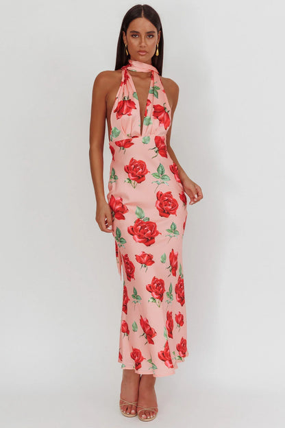 Italia Azure Halterneck Maxi Dress Rose