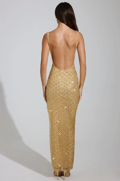 Embellished Scoop-Neck Thigh-Split Maxi Dress in Gold