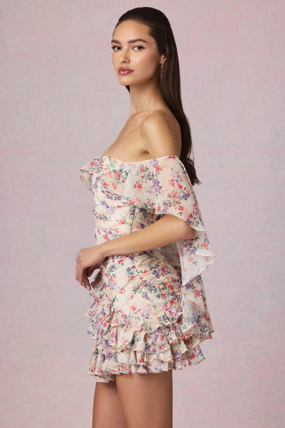 Off-Shoulder Ruffled Mini Dress in Primrose Floral Print