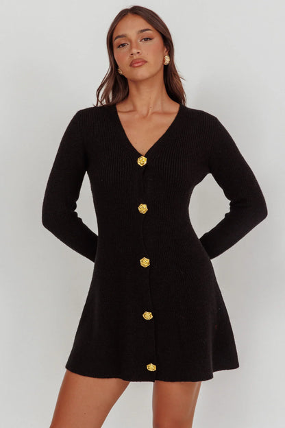 Irma Gold Button Knit Mini Dress Black